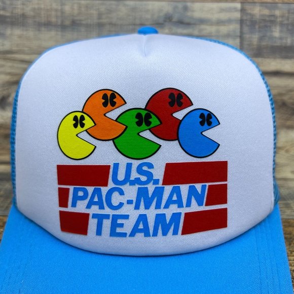 USA Pacman Team Mens Trucker Hat Blue Snapback 80s Retro Logo Video Game Cap - Picture 3 of 8